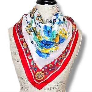 Berkshire Silken Vinttage Polyester Red, White And Blue Floral Print Scarf - OS